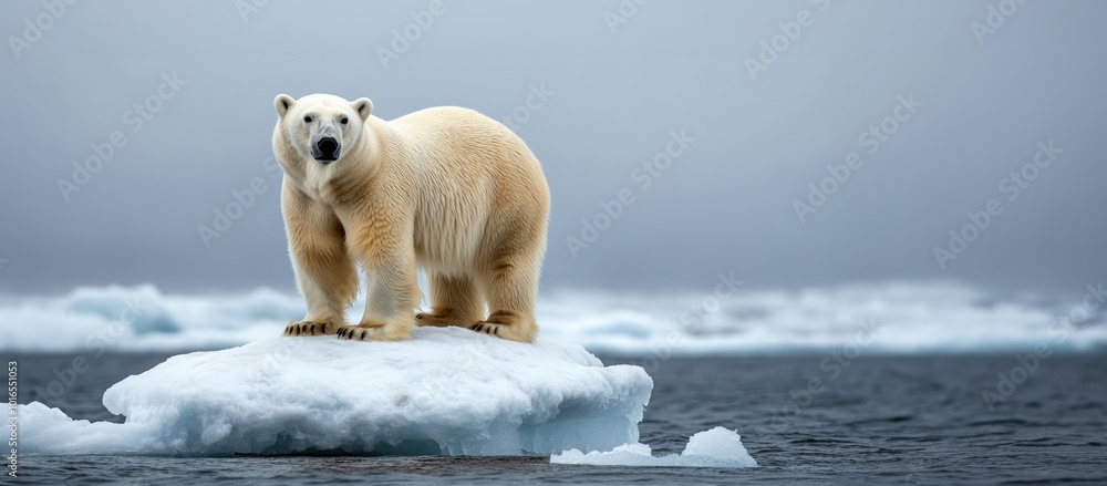 A lonely polar bear on a melting iceberg in the middle of the endless ocean. isolation of the animal and its vulnerability to global warming. concept and consequences of climate change and melting of A lonely polar bear on a melting iceberg in the middle of the endless ocean. isolation of the animal and its vulnerability to global warming. concept and consequences of climate change and melting of