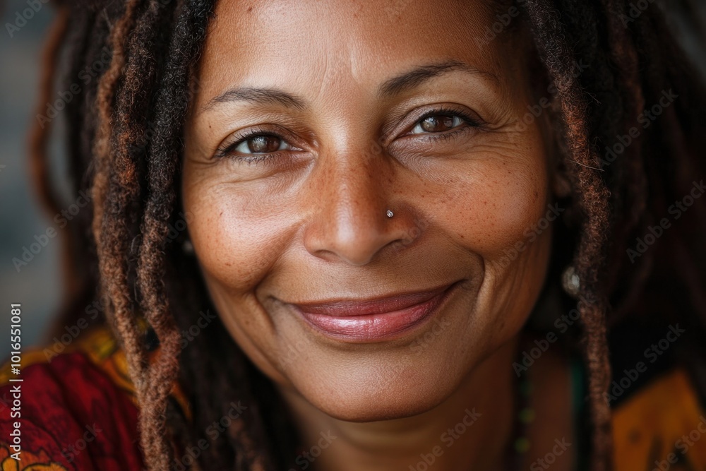 Mature woman with dreadlocks Smiling warmly at the camera your face is beautiful Emphasize her confidence and intelligence. Mature woman with dreadlocks Smiling warmly at the camera your face is beautiful Emphasize her confidence and intelligence.