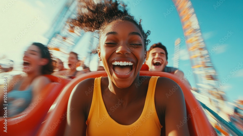 The young people laughed and screamed with joy. while experiencing the thrill of a roller coaster High-speed wire-moving rides create excitement. The young people laughed and screamed with joy. while experiencing the thrill of a roller coaster High-speed wire-moving rides create excitement.