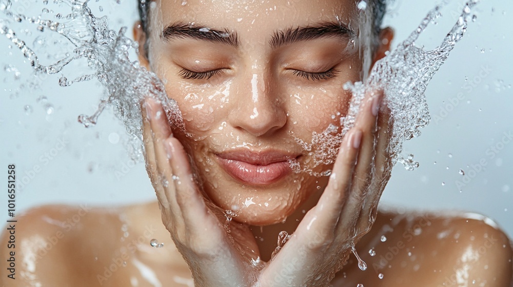 Refreshing splash of crystal-clear water on radiant skin, capturing the essence of purity and rejuvenation in a moment of serene self-care and beauty. Refreshing splash of crystal-clear water on radiant skin, capturing the essence of purity and rejuvenation in a moment of serene self-care and beauty.