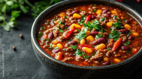 top view of a vibrant bowl of chili con carne brimming with red beans beef and colorful chili peppers emphasizing culinary creativity and comfort food appeal under warm inviting lighting