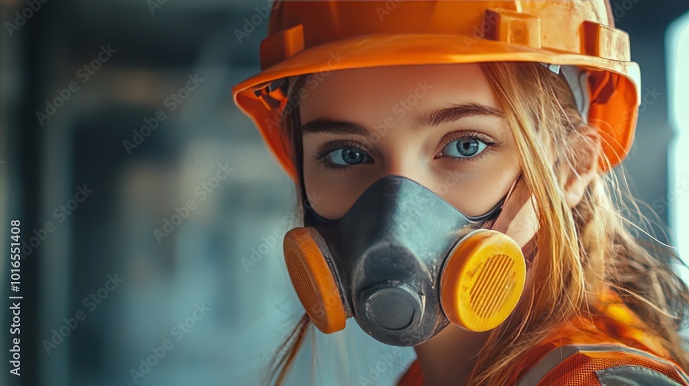 Woman wearing a respirator mask and safety helmet at construction site Woman wearing a respirator mask and safety helmet at construction site