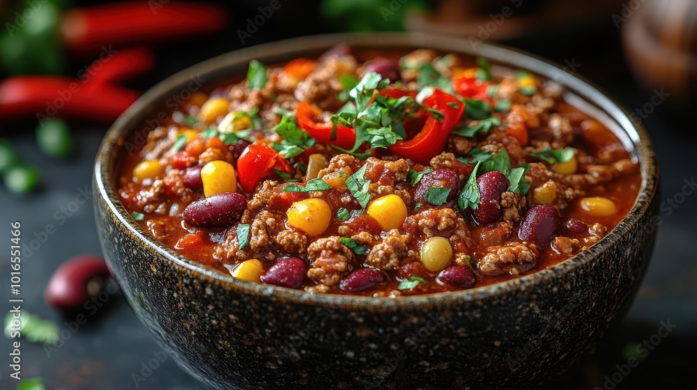 top view of a vibrant bowl of chili con carne brimming with red beans beef and colorful chili peppers emphasizing culinary creativity and comfort food appeal under warm inviting lighting top view of a vibrant bowl of chili con carne brimming with red beans beef and colorful chili peppers emphasizing culinary creativity and comfort food appeal under warm inviting lighting