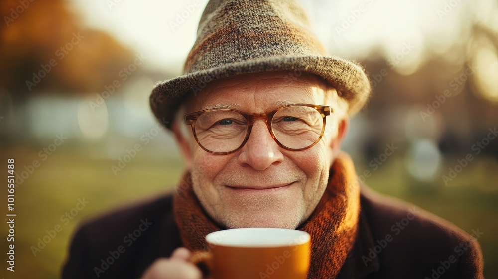 Senior Man in Fashionable Attire Smiling Joyfully with Coffee Cup in Hands Senior Man in Fashionable Attire Smiling Joyfully with Coffee Cup in Hands
