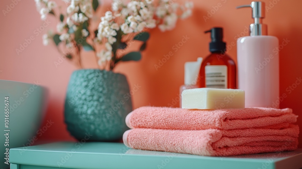 A decorative bathroom setup highlights soft towels, a soap bar, and lovely blooms on display A decorative bathroom setup highlights soft towels, a soap bar, and lovely blooms on display