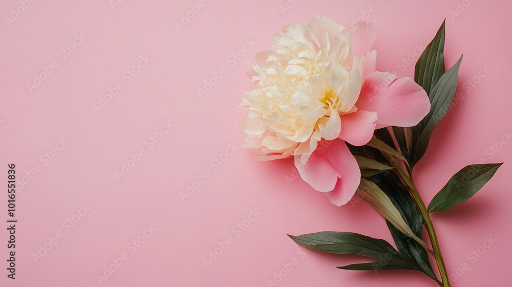 Delicate peony blossom with soft white and pink petals resting on a smooth pink background, creating a serene and feminine composition perfect for beauty themes. Delicate peony blossom with soft white and pink petals resting on a smooth pink background, creating a serene and feminine composition perfect for beauty themes.