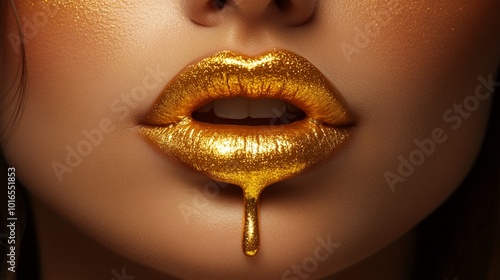 Luxurious golden lips with a shimmering droplet of liquid gold dripping, symbolizing opulence and sensuality in a striking beauty close-up shot. photo