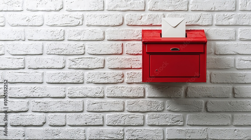 Red mailbox attached to a white brick wall with a letter Red mailbox attached to a white brick wall with a letter