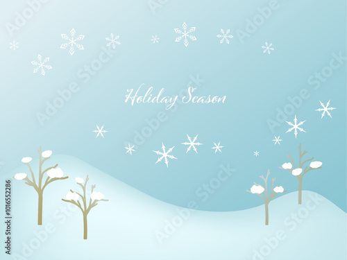 雪が降る冬の山の風景イラスト。クリスマスやホリデー向けのフレーム、背景素材。抽象的なバックグラウンドデザイン。