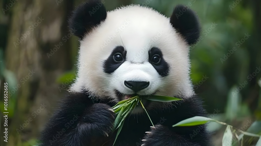 Obraz premium A cute panda eating bamboo, with soft pastel colors in the background.