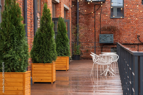 public space on the territory of the former factory in rainy weather photo