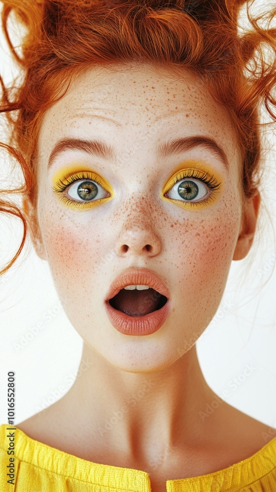 Vibrant close-up portrait of a wide-eyed redhead with freckles and bold yellow eyeshadow, expressing surprise with an open mouth against a white background. Vibrant close-up portrait of a wide-eyed redhead with freckles and bold yellow eyeshadow, expressing surprise with an open mouth against a white background.