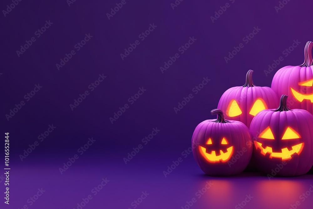 3D rendering of Halloween pumpkins on a dark purple background with copy space 3D rendering of Halloween pumpkins on a dark purple background with copy space