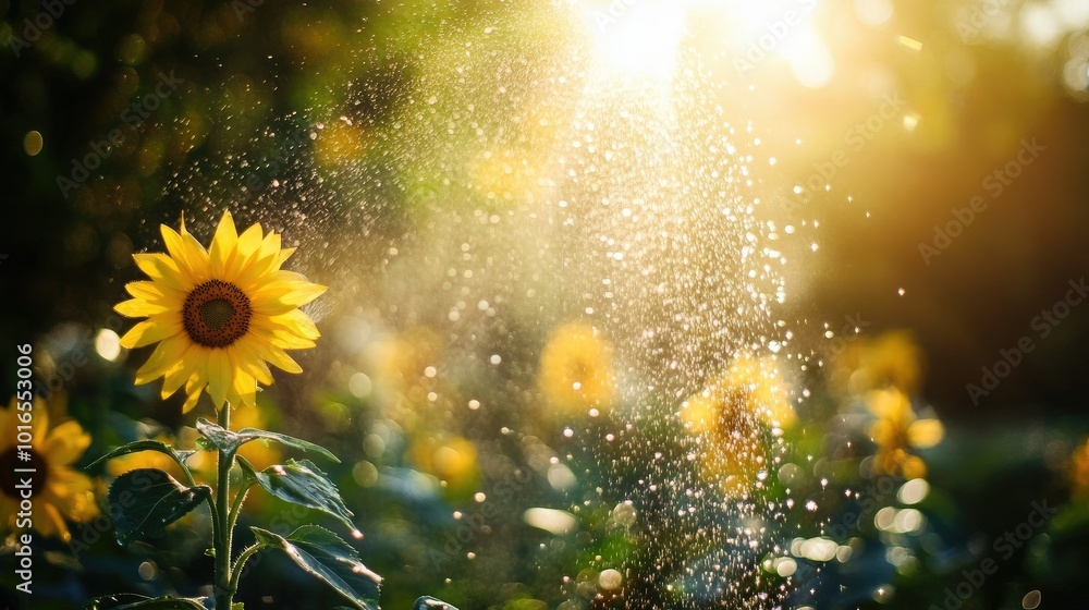 Water being sprayed onto a row of sunflowers in a summer garden, with the bright yellow flowers glowing in the afternoon sun Water being sprayed onto a row of sunflowers in a summer garden, with the bright yellow flowers glowing in the afternoon sun