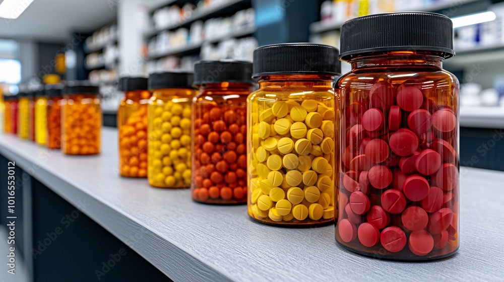 Rows of Pills in Glass Jars on a Shelf Rows of Pills in Glass Jars on a Shelf