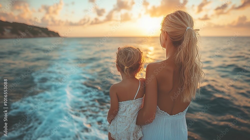 Fototapeta premium mother,her little daughter enjoying time at sea rear view.illustration