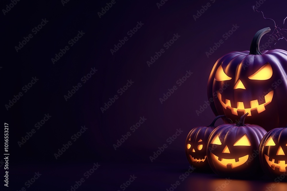 3D rendering of Halloween pumpkins on a dark purple background with copy space 3D rendering of Halloween pumpkins on a dark purple background with copy space