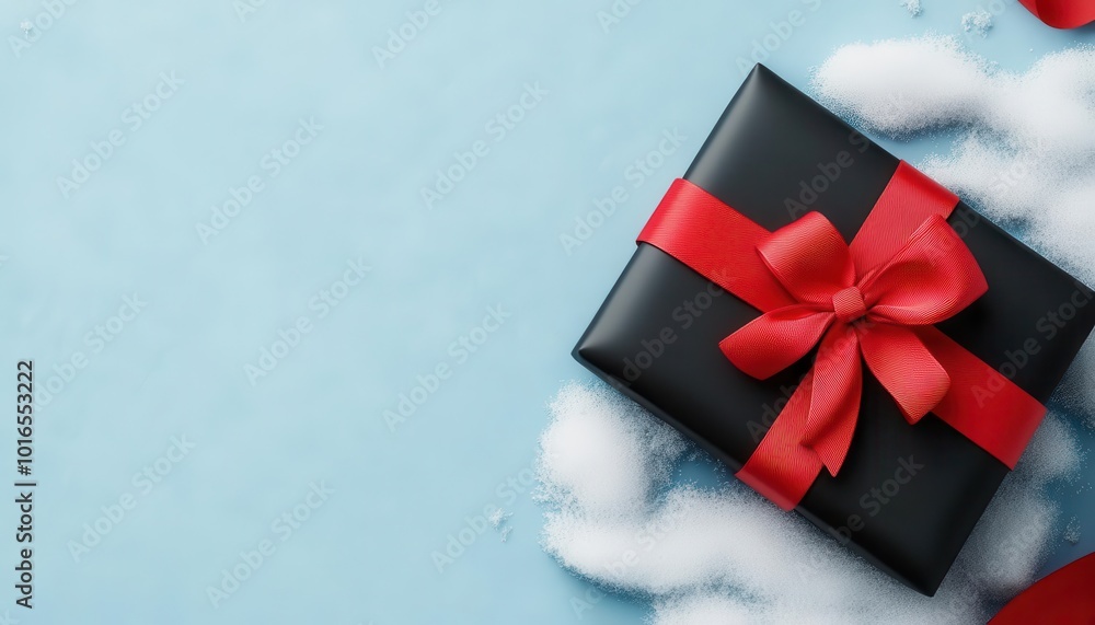 Black Christmas gift box with red ribbon, resting in snow, 3D illustration Black Christmas gift box with red ribbon, resting in snow, 3D illustration