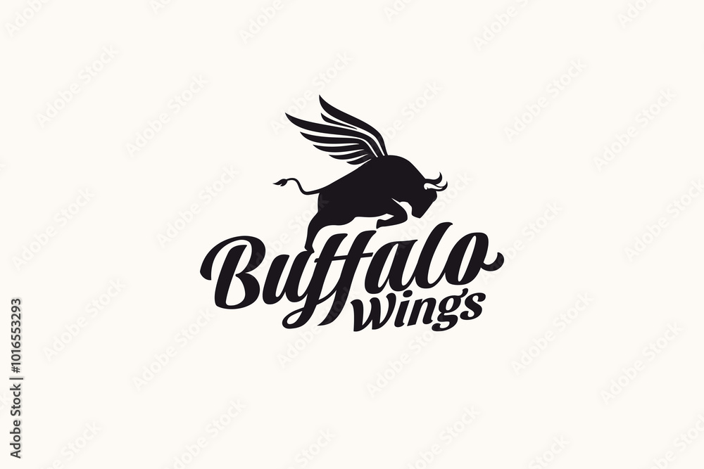 Obraz premium simple buffalo wings logo with a jumping winged buffalo. It is good for buffalo wings business in restaurant, cafe, food truck, etc.