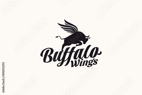 simple buffalo wings logo with a jumping winged buffalo. It is good for buffalo wings business in restaurant, cafe, food truck, etc.