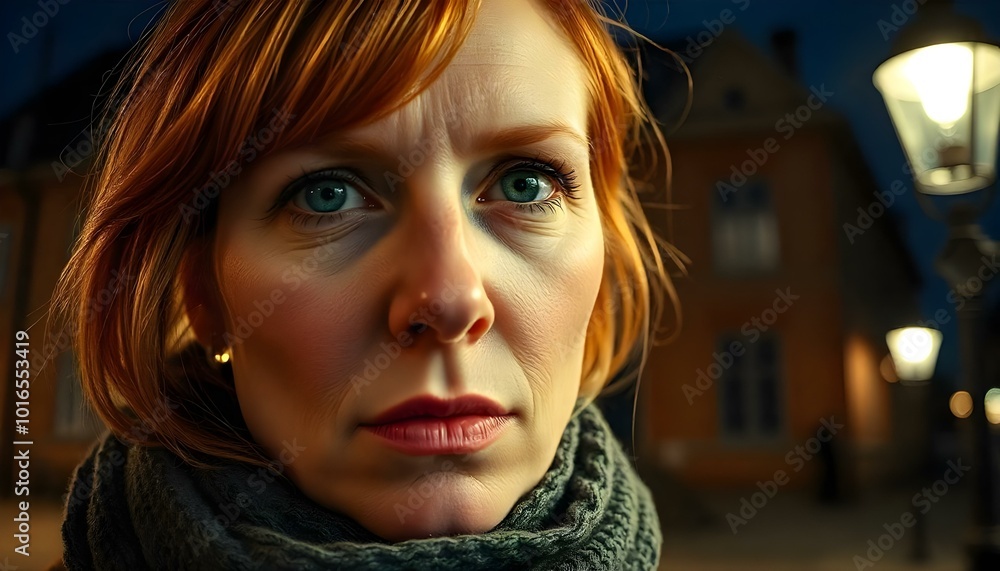 Caucasian woman with red hair and serious look with blurred brick building background Caucasian woman with red hair and serious look with blurred brick building background