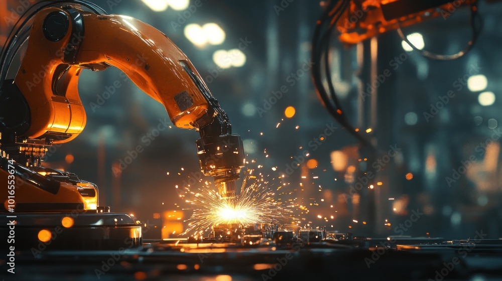 A robotic arm welding metal, creating sparks in an industrial setting. A robotic arm welding metal, creating sparks in an industrial setting.