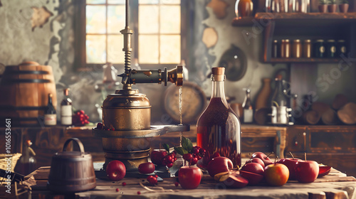 Traditional Apple Cider Press With Fresh Apples in an Old-Fashioned Workshop Setting photo