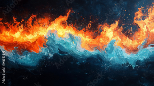 An abstract fusion of fire and water elements swirling together in harmony. The glowing orange flames and soft blue water create a dynamic and energetic contrast.