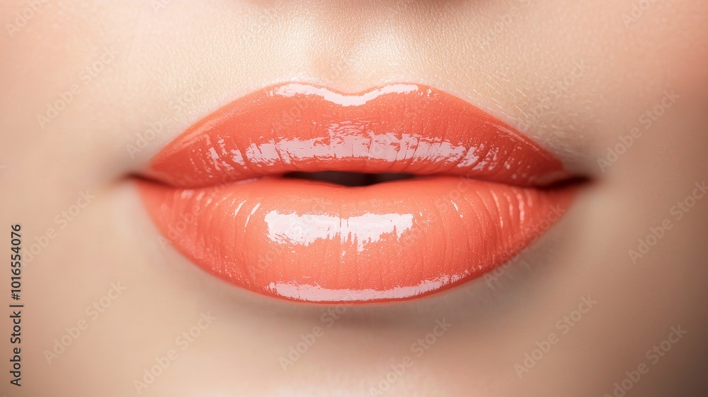 Close-up of glossy orange lips, soft focus on a neutral background. Close-up of glossy orange lips, soft focus on a neutral background.