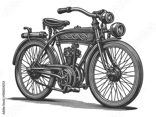 Steampunk vintage motorcycle bike, detailed design elements and classic styling sketch engraving generative ai vector illustration. Scratch board imitation. Black and white image.