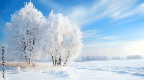 A frozen winter landscape, with snow-covered trees and icy blue skies.