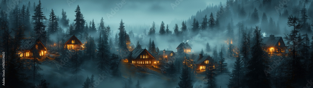 Fototapeta premium A cinematic shot of a foggy mountain village nestled among the trees, with soft mist rising and dim lights glowing from the small houses. The peaceful, dreamy setting evokes nostalgia.