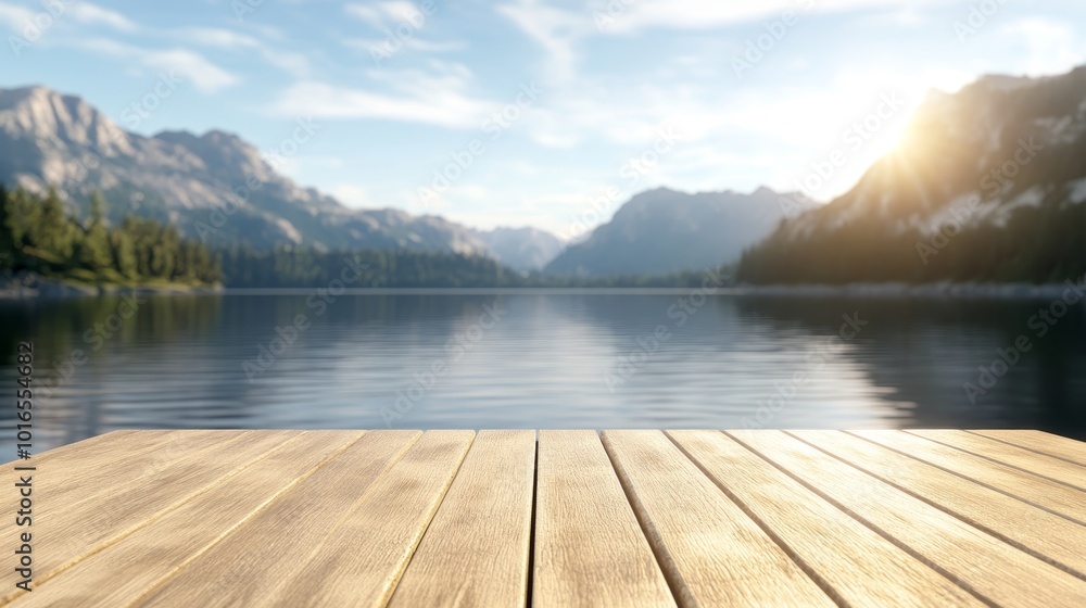 3D render of A peaceful dock extending into a calm lake, surrounded by mountains at sunrise 3D render of A peaceful dock extending into a calm lake, surrounded by mountains at sunrise