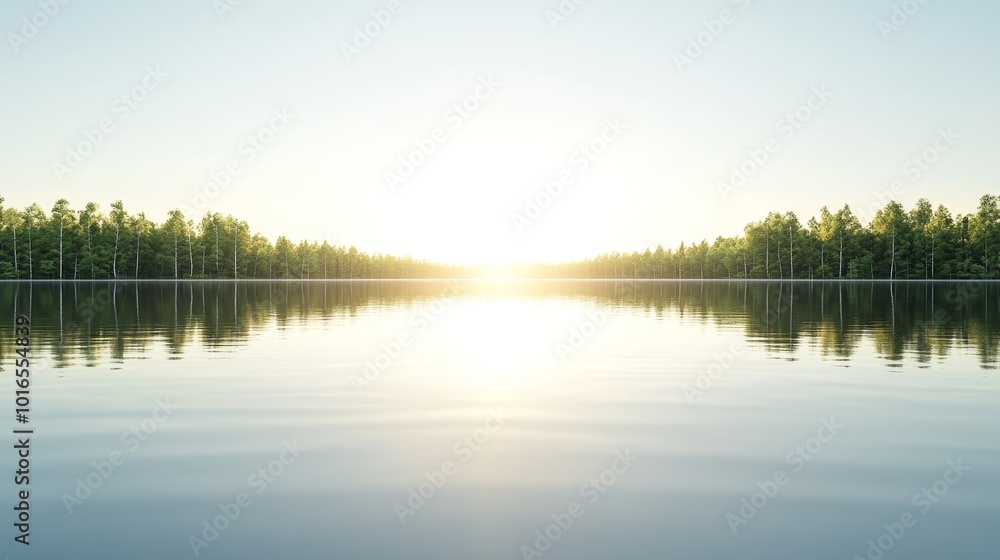 3D render of A calm lake reflecting the surrounding trees and sky, symbolizing inner peace and clarity 3D render of A calm lake reflecting the surrounding trees and sky, symbolizing inner peace and clarity