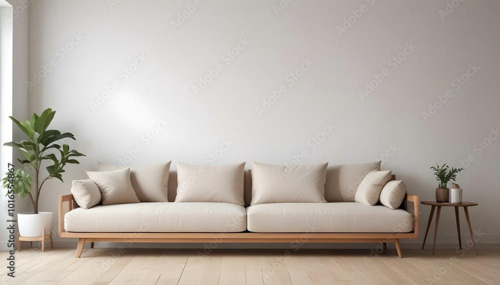 Fototapeta premium A modern, minimalist beige sofa with a wooden frame against a plain white wall.