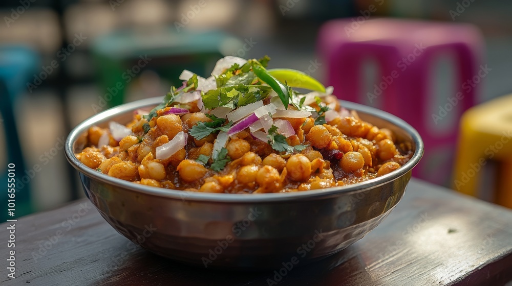Chole, garbanzos en salsa espesa, decorados con cebolla morada y chiles frescos, servidos en un tazón metálico en una escena de comida callejera.
Chole, garbanzos en salsa espesa, decorados con cebolla morada y chiles frescos, servidos en un tazón metálico en una escena de comida callejera.