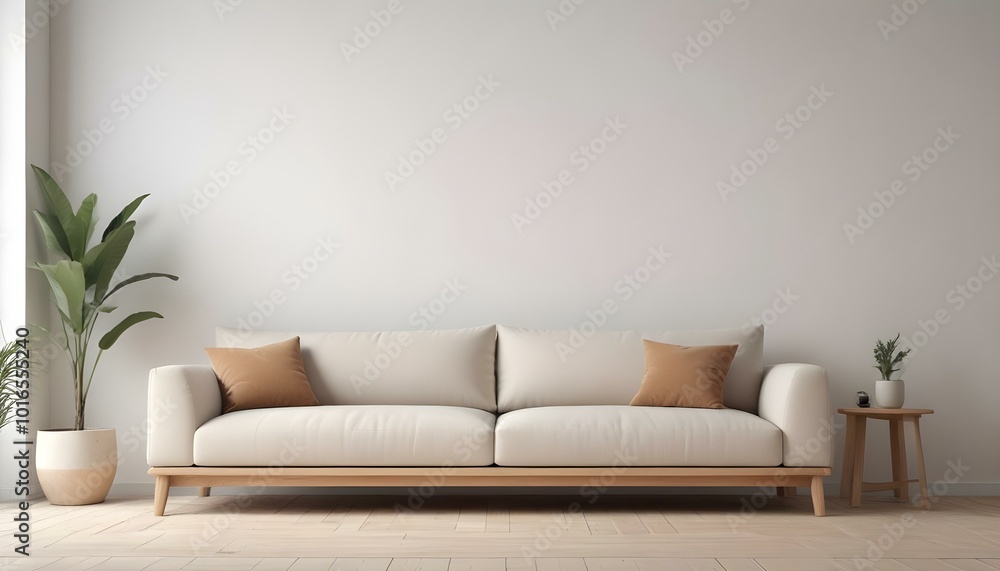 A modern, minimalist beige sofa with a wooden frame against a plain white wall. A modern, minimalist beige sofa with a wooden frame against a plain white wall.