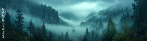 A majestic mountain range covered in soft mist, captured in cinematic lighting during the early morning. The fog creates a mysterious and serene atmosphere, perfect for nature lovers.