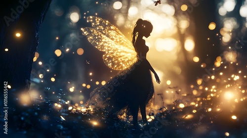 A glowing fairy in a mystical forest, surrounded by sparkling fireflies.

