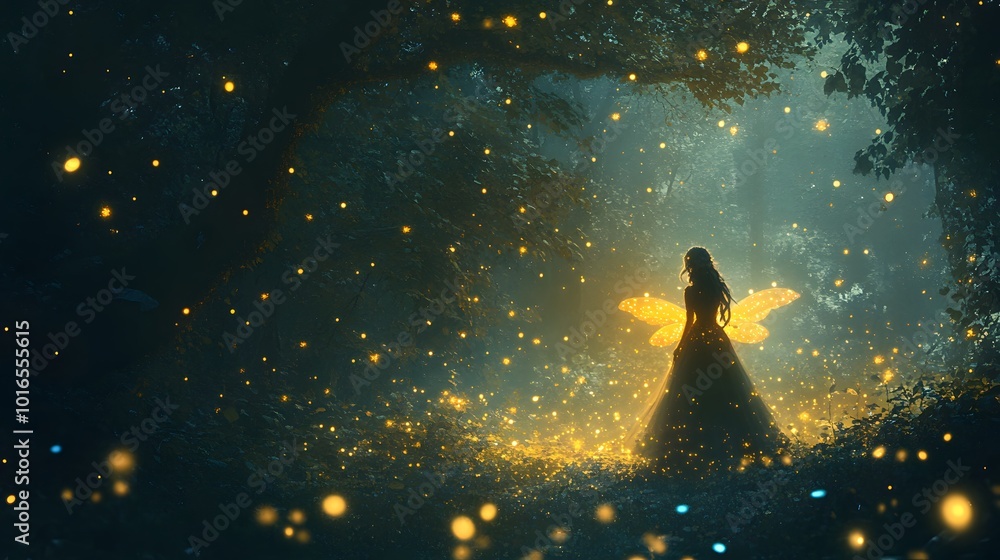A glowing fairy in a mystical forest, surrounded by sparkling fireflies.
A glowing fairy in a mystical forest, surrounded by sparkling fireflies.