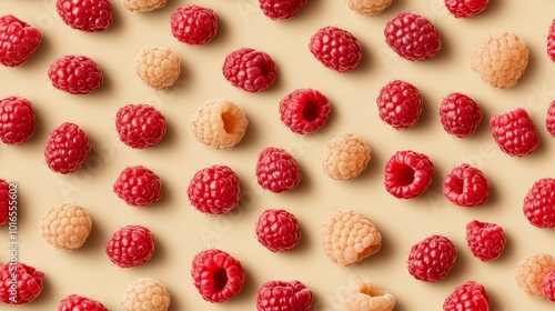 a pattern of Watercolor raspberries with soft red tones, scattered on a pale beige background, seamless design