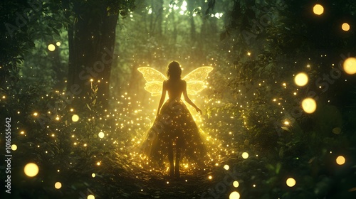 A glowing fairy in a mystical forest, surrounded by sparkling fireflies.

