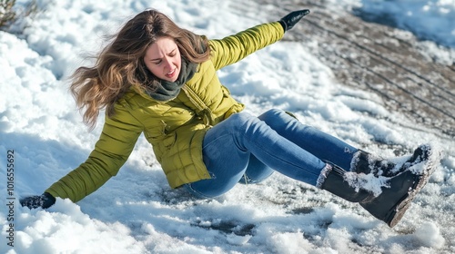 Young Caucasian woman slipping on icy ground during winter, wearing a green jacket and boots in the snow.