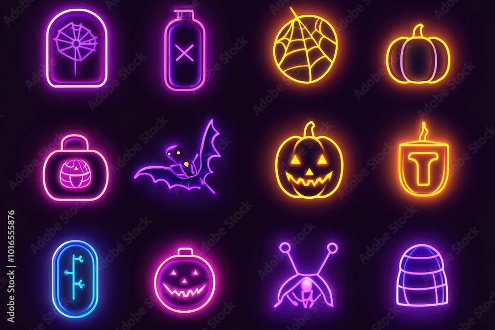 Set of glowing neon Halloween icons isolated on a dark background, illustration design with spooky and cute symbols such as lips, tongue, candy, cauldron, ghost, graveyard, spider web Set of glowing neon Halloween icons isolated on a dark background, illustration design with spooky and cute symbols such as lips, tongue, candy, cauldron, ghost, graveyard, spider web