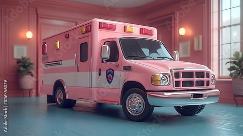 A charming illustration of a cute pink and white ambulance set against a solid background, designed to evoke feelings of care and compassion. This visually appealing ambulance showcases a playful and 