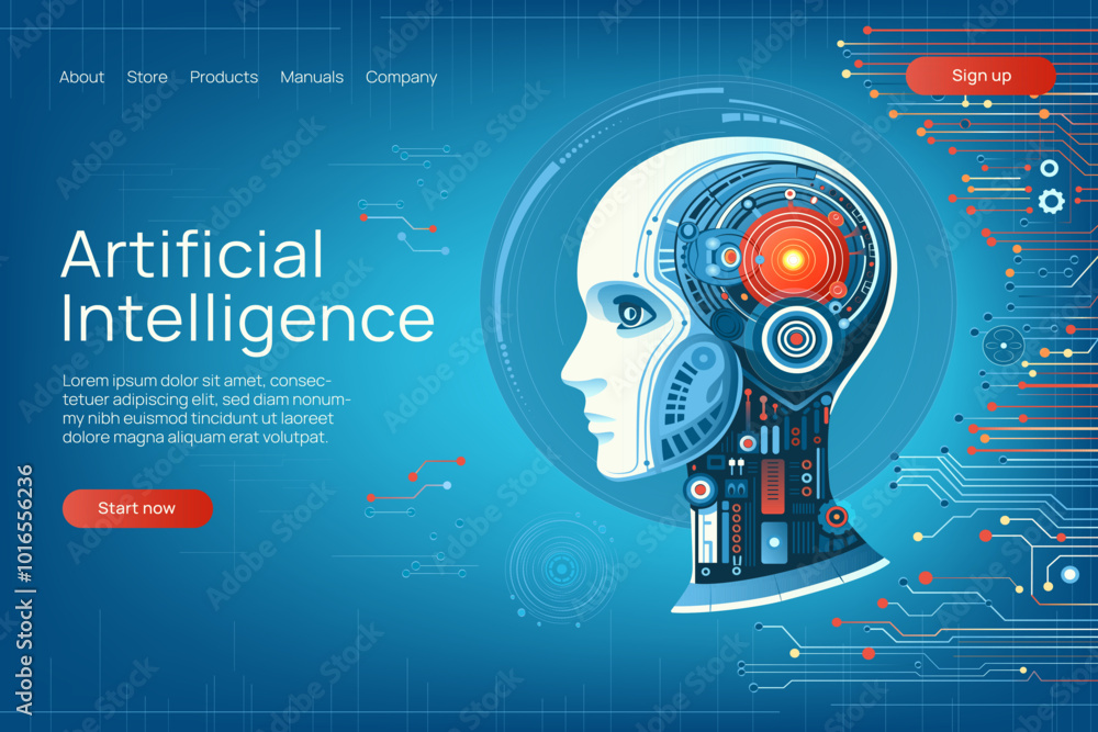 AI technology landing page template with chip processor. Robot head ...
