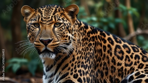 A close-up portrait of a majestic leopard with its spots and whiskers visible, looking directly at the camera in a wild forest setting.