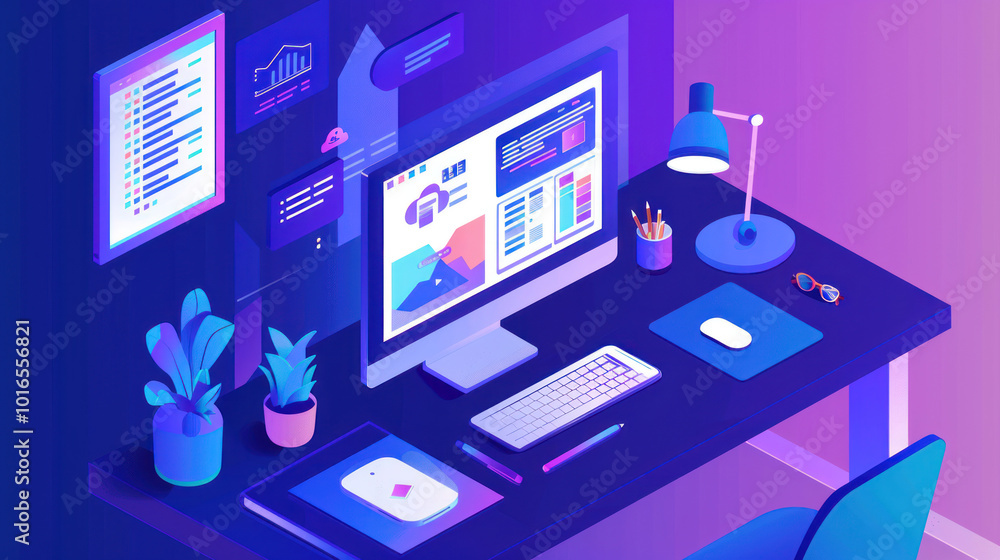 A remote workplace setup with virtual collaboration tools, smart project management platforms, and cloud-based communication for distributed teams. A remote workplace setup with virtual collaboration tools, smart project management platforms, and cloud-based communication for distributed teams.