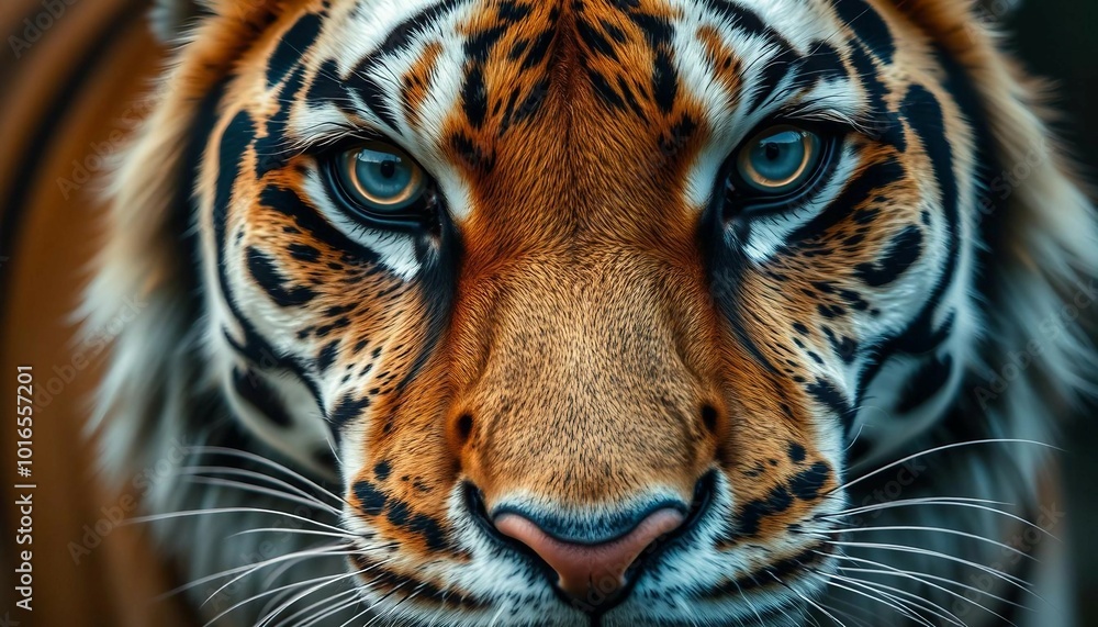 Close-up portrait of a tiger with a dark background. Close-up portrait of a tiger with a dark background.