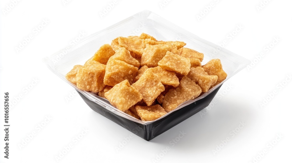 A sleek package of crispy pork rinds with modern labeling, placed on a white background for a fresh, clean presentation. A sleek package of crispy pork rinds with modern labeling, placed on a white background for a fresh, clean presentation.
